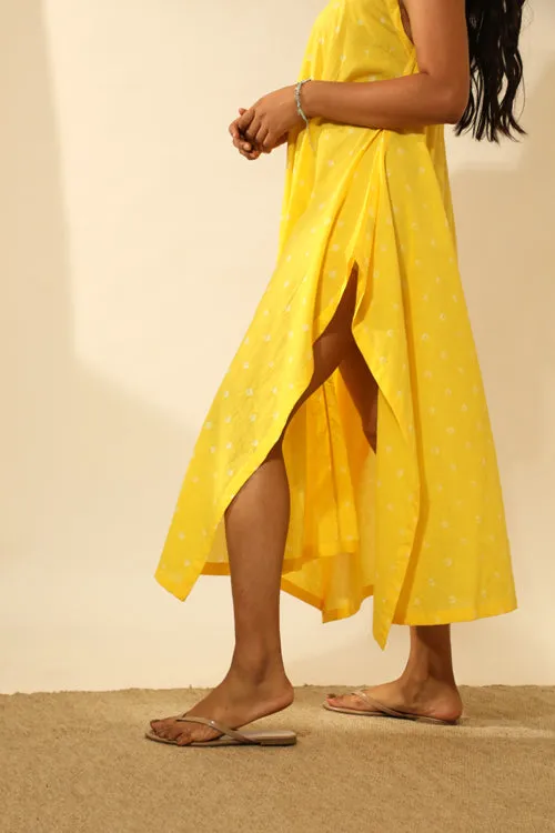 Bandhani Strappy Long Dress In Electric Yellow