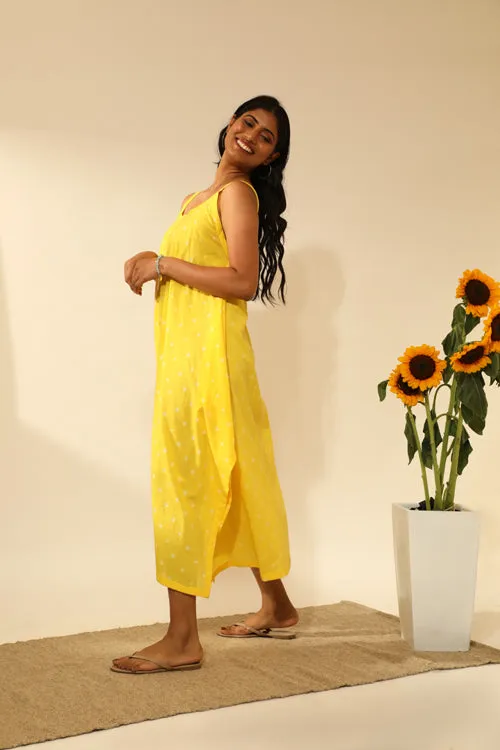 Bandhani Strappy Long Dress In Electric Yellow