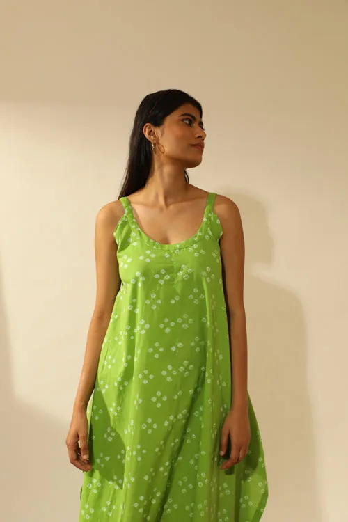 Bandhani Strappy Long Dress In Lime Green