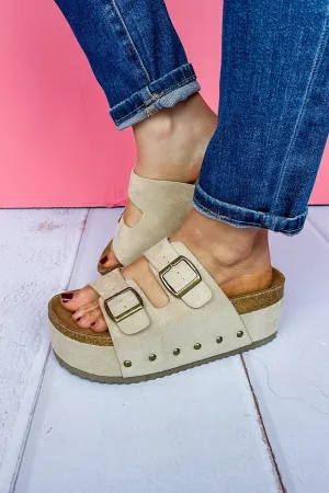 Double Buckle Corkys Wannabe Platform Sandal in Tan