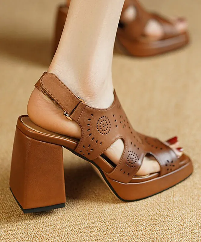 Elegant Brown Peep Toe Hollow Out Cowhide Leather Platform Chunky Sandals RT1073