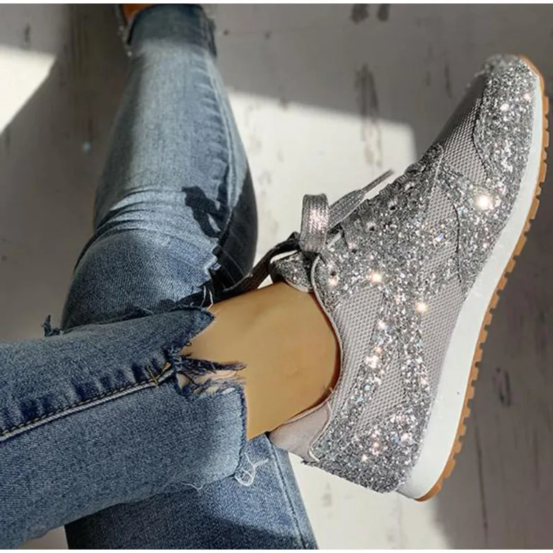 Fashion Metallic Glitter Running Shoes Crystal Sizzle Sneakers Sparkly Bling Wedge Platform Sneaker for Women