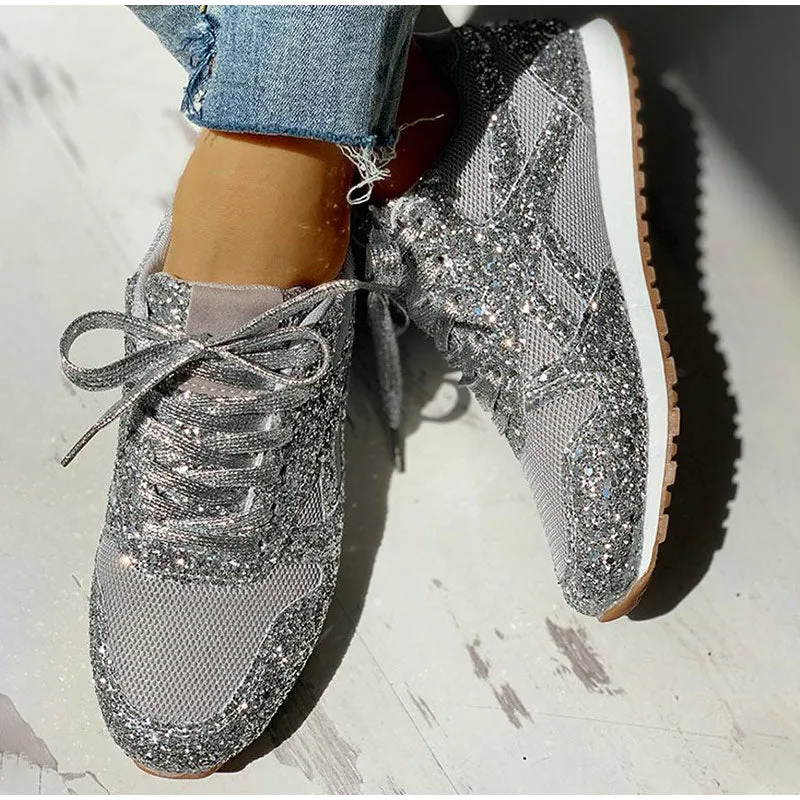 Fashion Metallic Glitter Running Shoes Crystal Sizzle Sneakers Sparkly Bling Wedge Platform Sneaker for Women