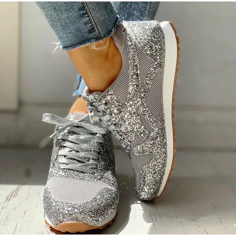 Fashion Metallic Glitter Running Shoes Crystal Sizzle Sneakers Sparkly Bling Wedge Platform Sneaker for Women