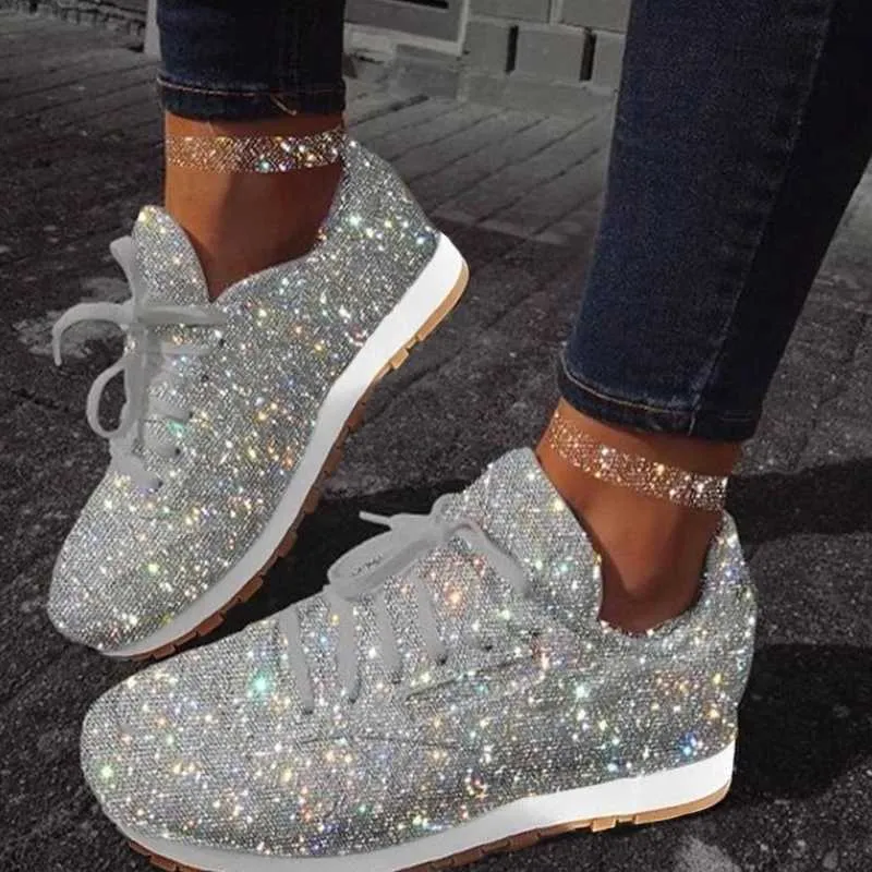 Fashion Metallic Glitter Running Shoes Crystal Sizzle Sneakers Sparkly Bling Wedge Platform Sneaker for Women