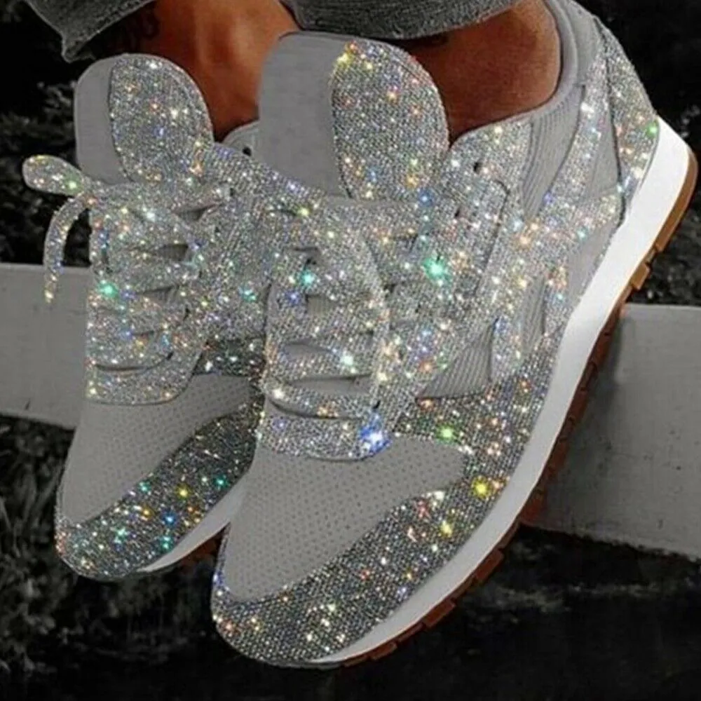 Fashion Metallic Glitter Running Shoes Crystal Sizzle Sneakers Sparkly Bling Wedge Platform Sneaker for Women