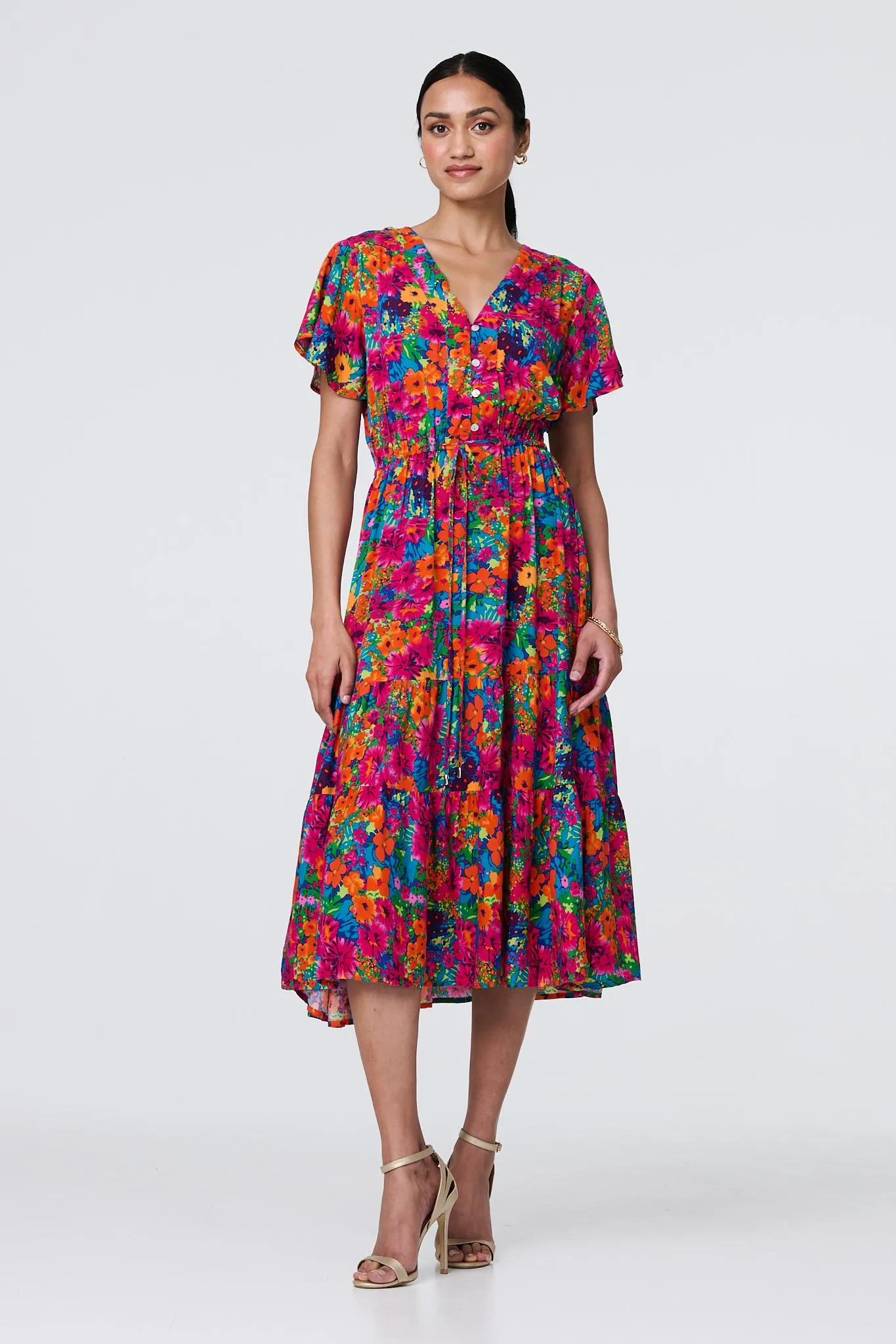 Floral Short Sleeve Tie Waist Dress