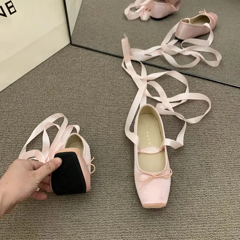 NEW Classic Silk Ballet Shoes Lace Up Ballet Shoes Women Square Toe Bowtie and Rose Flower Women Flats Elegant Valentine Shoes