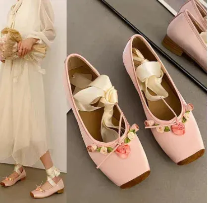 NEW Classic Silk Ballet Shoes Lace Up Ballet Shoes Women Square Toe Bowtie and Rose Flower Women Flats Elegant Valentine Shoes