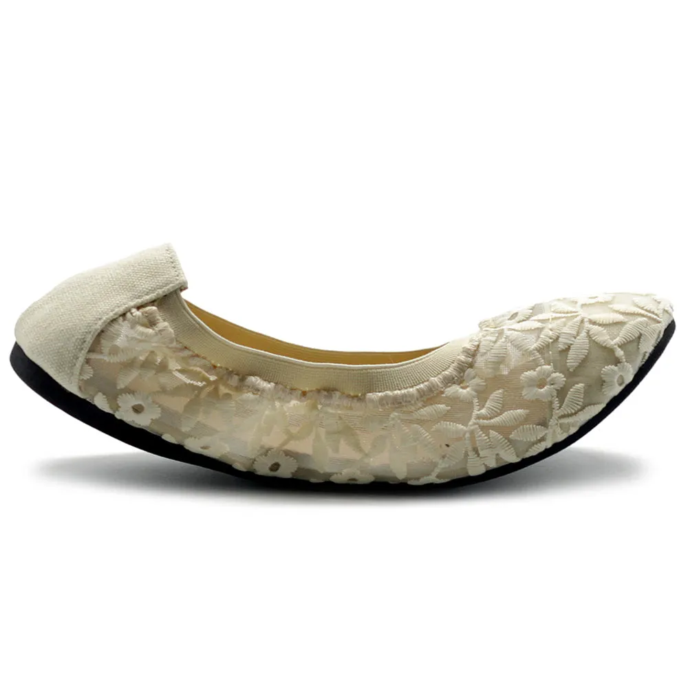 Ollio Women's Shoes Floral Embroidery Lace Slip On Comfort Light Ballet Flat