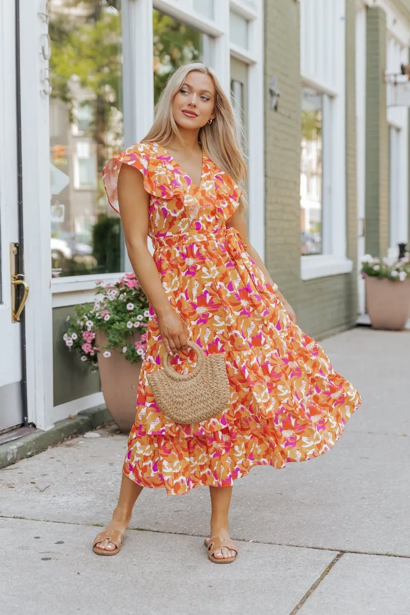 Paradise Peach Floral Tie Midi Dress - FINAL SALE