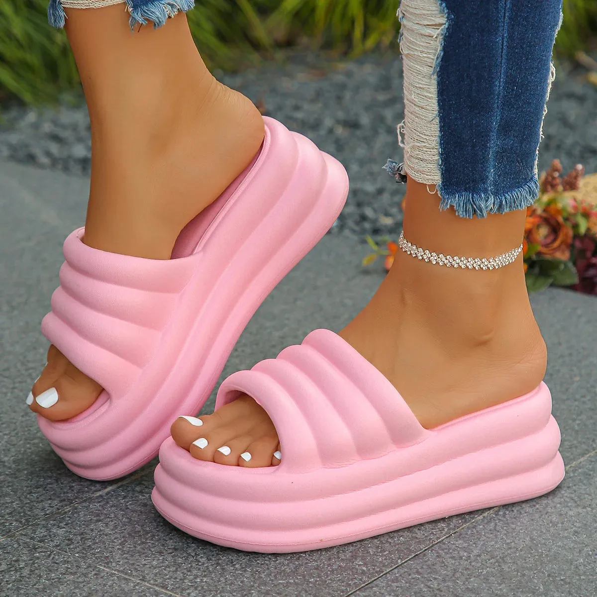 Pink Chunky Platform Sandals for Women Summer Wedge Slippers