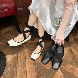 Sohiwoo French Style Retro Ballet Shoes Lace Up Ballet Shoes Women Square Toe Women Flats Elegant Valentine Shoes